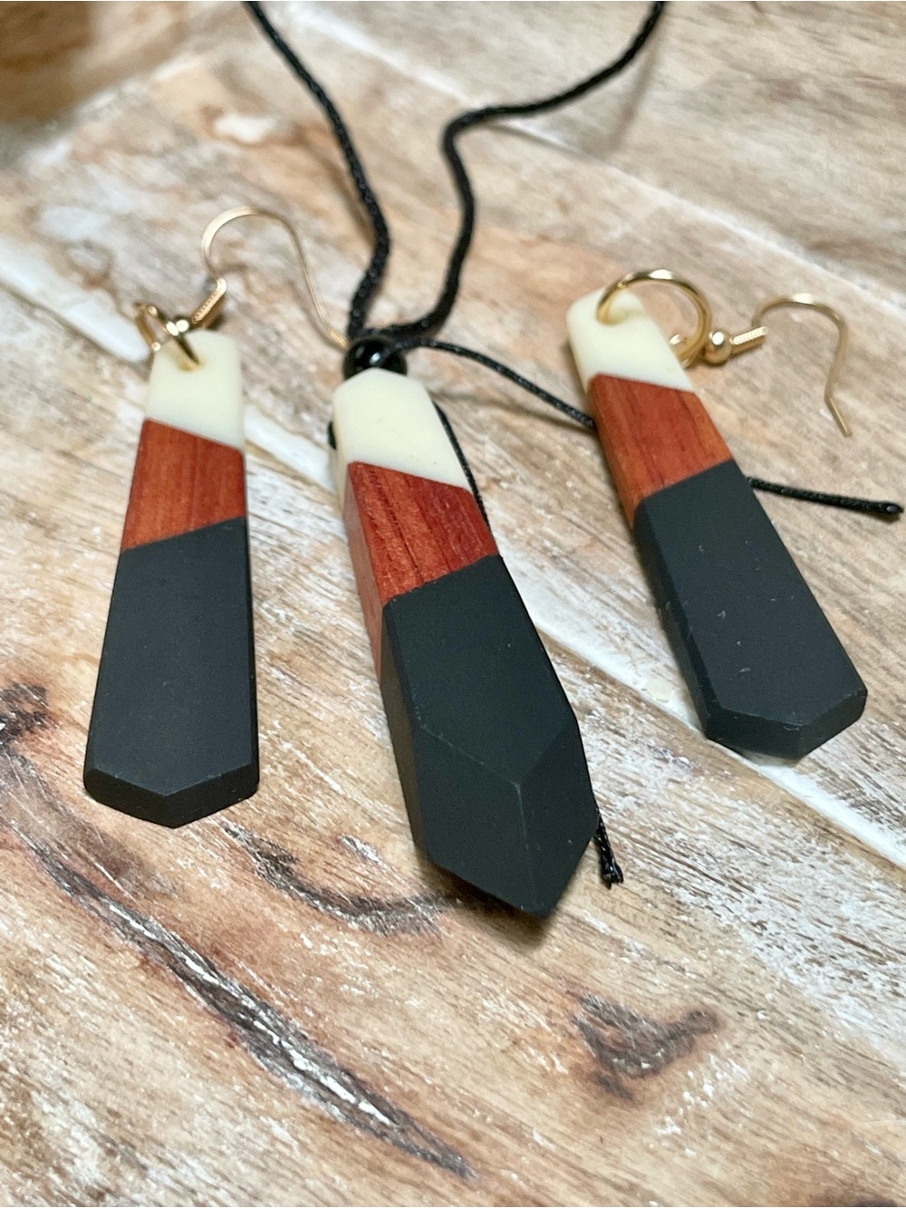 Handmade Tri-Tone Geometric Drop Earrings and Necklace in Cream, Wood & Black. - Picture 2 of 4